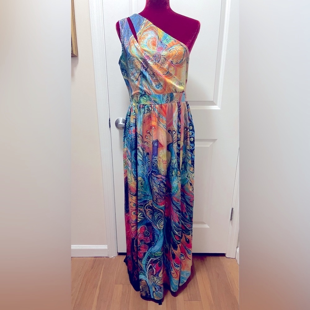 Vibrant Peacock Sleeveless One Shoulder Maxi Dress. Size Large - Picture 2 of 11